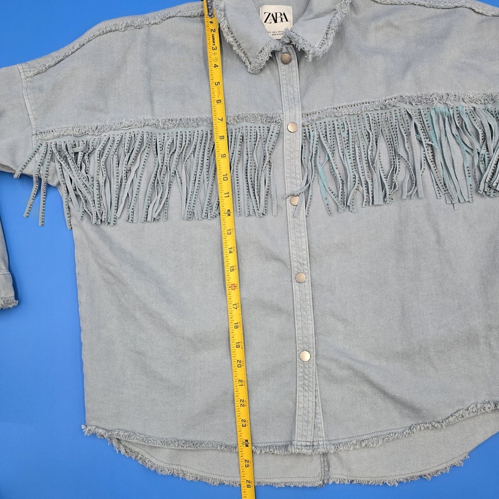 Zara Rhinestone Fringe Denim‎ Shacket Light Blue Gray Western Boho Size Small - Picture 9 of 9